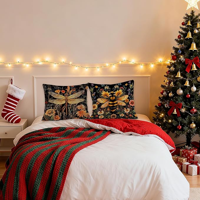 William Morris Inspired Wildflower Dragonfly Bee Pillow Covers 18x18 Set of 2, Vintage Dark Cottagecore Floral Botanical Insects Decorative Throw Pillow Covers for Home Bedroom Living Room