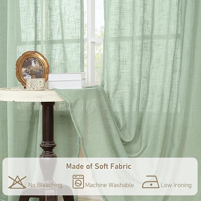 LAMIT Linen Curtains for Living Room 84 inch Length 2 Panels, Light Filtering Semi Sheer Panels Bronze Grommet Farmhouse Drapes for Bedroom/Sliding Glass Door, Fresh Green, 52 x 84 Inch