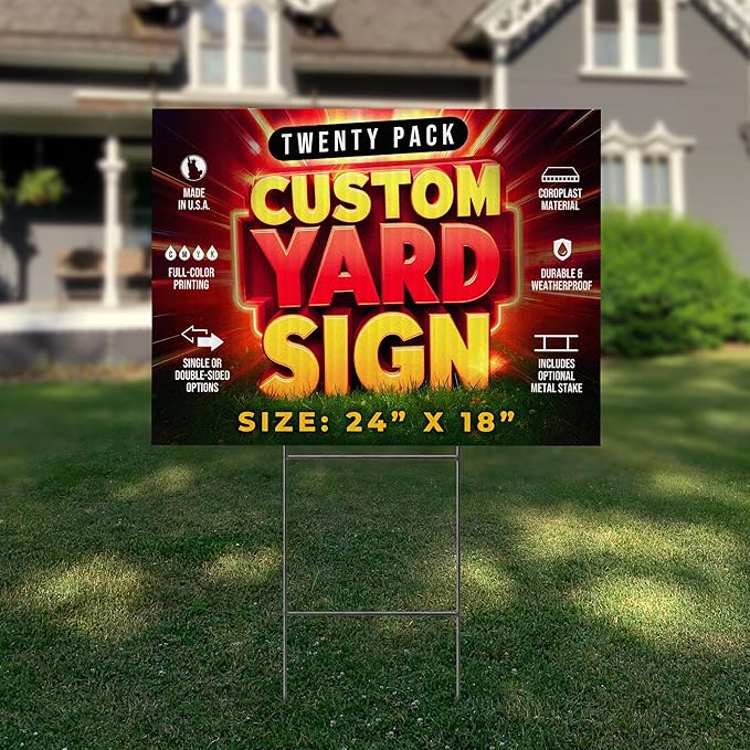 20 Pack 24"x18" Custom Yard Signs with Stakes, Personalized Yard Signs for Outdoors, Customized Full Color Print Corrugated Signs for Business