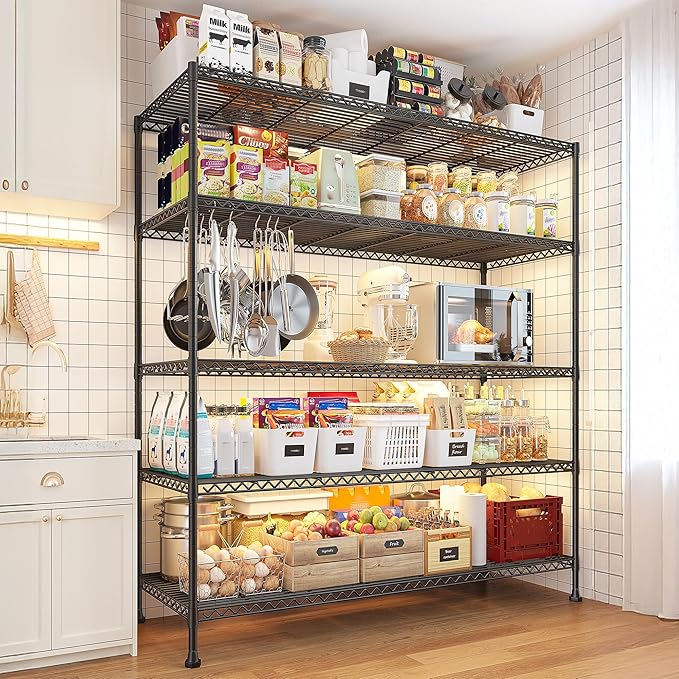 REIBII 45.5''W Storage Shelves Wire Shelving, 5 Tier Pantry Shelves for Storage Rack, Adjustable Metal Shelving for Pantry Kitchen Steel Shelving, 45.5" W x 71" H x 17.7" D