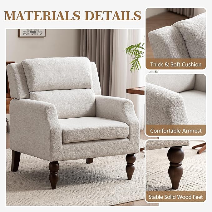 Kidol & Shellder Beige Oversized Accent Chair for Living Room Set of 2 Modern Reading Chair with Back Wide Upholstered Comfy Single Sofa Chair for Bedroom Lounge Side Corner Boucle Fabric Armchair