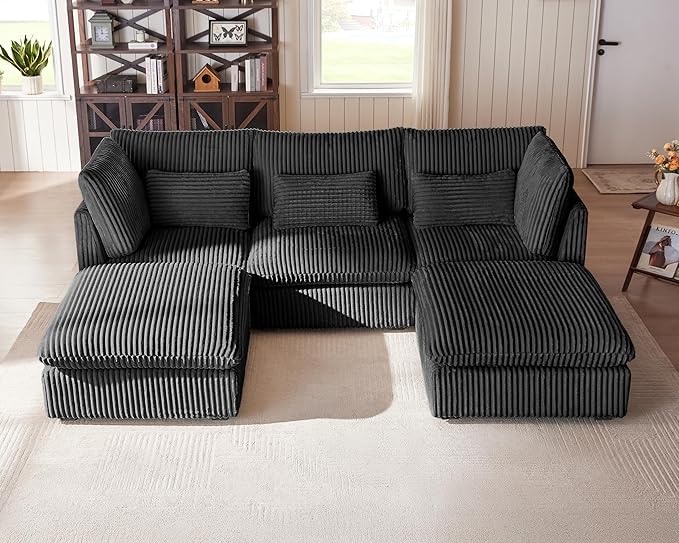 Oversized Modular Sofa, Extra Deep Cloud Corduroy Sectional Couch with Ottoman Chaise, Fluffy Corduroy 5 Seater Sofa Bed for Living Room, Villa (U Shape 5 Seater, Corduroy Black)