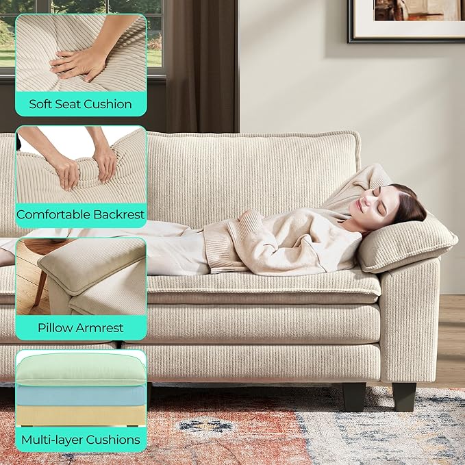LINSY HOME Sectional Sleeper Sofa - 90'' Modular Cloud Couch Oversized Corduroy Sofa Bed with Movable Ottoman Soft Modern Comfy Couch Set for Living Room Apartment Office, Beige