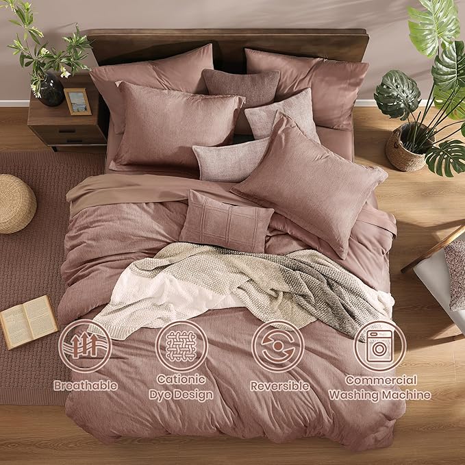 Monbix Queen Comforter Set - 7 Pieces Dusty Pink Cationic Dyeing Bed in a Bag Queen Bedding Sets with Sheets, Pillowcases & Shams, Reversible Bedding Comforters