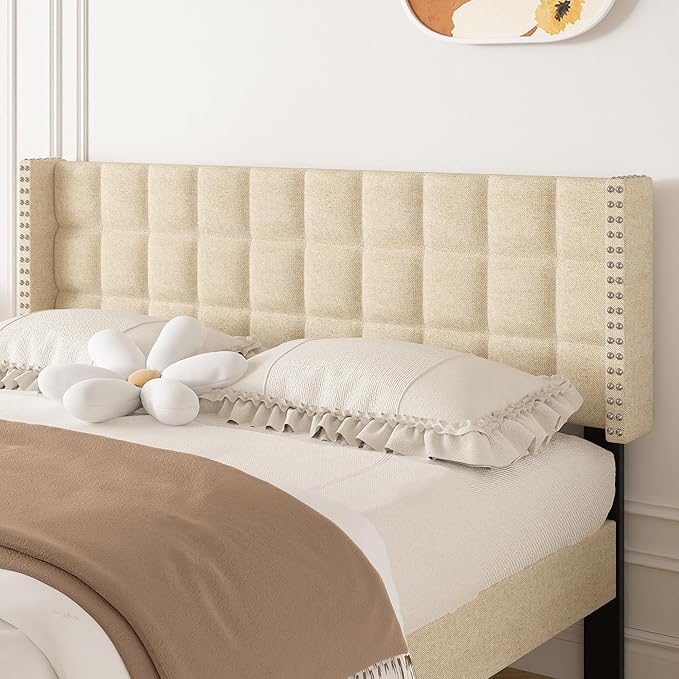 VECELO Headboard Queen Size, Linen Upholstered Headboards Only with Nailhead Trim Wingback, Square Stitched Design, Adjustable Height from 40" to 49.8", Oatmeal