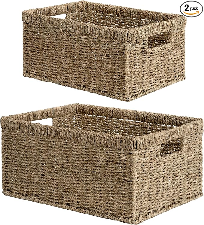 StorageWorks Wicker Storage Baskets, Large and Small Baskets, Handwoven Seagrass Basket for Organizing, Decorative Organizers with Built-in Handles, Set of 2