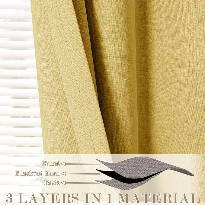 100" W x 84" L Faux Linen Room Divider Curtains, Full Blackout Pinch Pleated Drapes for Traverse Rod, Bedroom Divider Privacy Drapery with Hooks for Ceiling Track, 1 Panel, Yellow