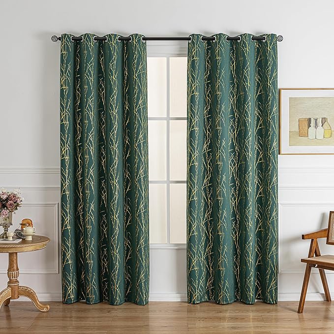 Grommets Blackout Long Window Curtains Green Gold-52W*84L 2PCS Drapes for Bedroom