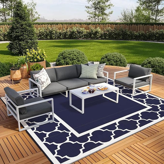GENIMO 10 ' x 10 ' Outdoor Rug Waterproof for Patio Decor, Foldable Reversible Plastic Straw Area Rugs Mat for Camper, Outside Carpet for Rv, Deck, Porch, Picnic, Beach, Balcony, Blue & White