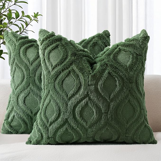 decorUhome Throw Pillow Covers 16x16 Inch Set of 2, Soft Plush Decorative Faux Fur Forest Elf Solid Couch Pillow Covers, Accent Farmhouse Neutral Square Euro Pillow Cases for Sofa Bed Living Room