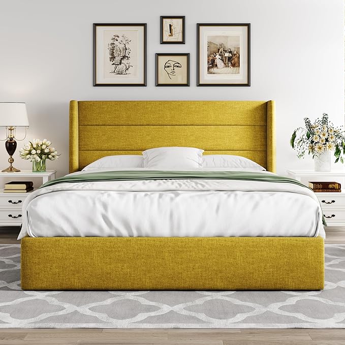 Allewie Queen Size Lift Up Storage Bed, Modern Wingback Headboard, Hydraulic Support, No Box Spring Needed, Olive Yellow