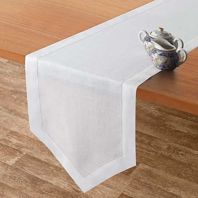 D'Moksha Homes White Linen Table Runner 108 Inches Long - 100% Pure Linen Diamond Table Runner 14 x 108 Inch for Dining, Fall and Halloween - Machine Washable