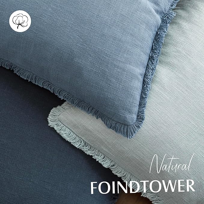 Foindtower Decorative Linen Fringe Lumbar Throw Pillow Covers Cozy Boho Farmhouse Cushion Cover with Tassel Accent Pillowcase for Sofa Bed Living Room Home Decor, 12×20 Inch,1PC,Misty Blue