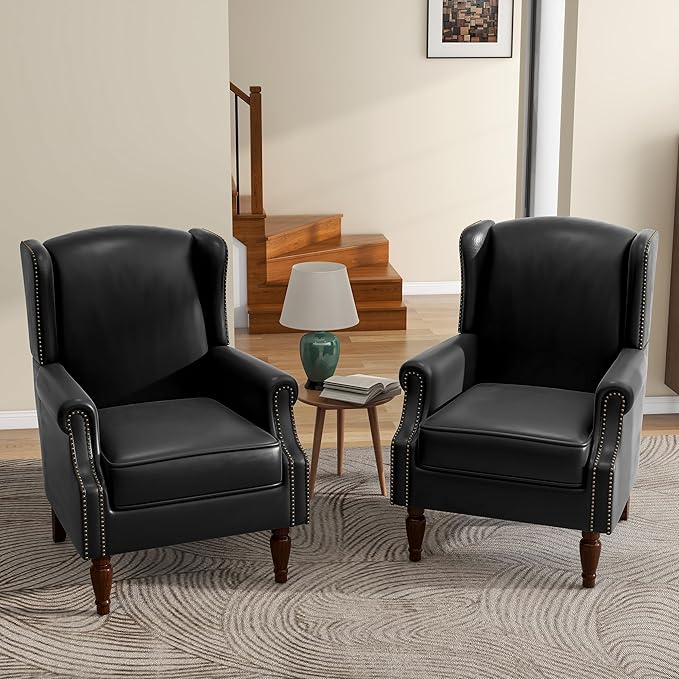 UIXE Faux Leather High Back Accent Chairs Set of 2, Upholstered Armchair for Living Room, Retro Wingback Arm Chair Nailhead Trim Single Sofa Bedroom Reading Seat with Solid Wood Legs - Black