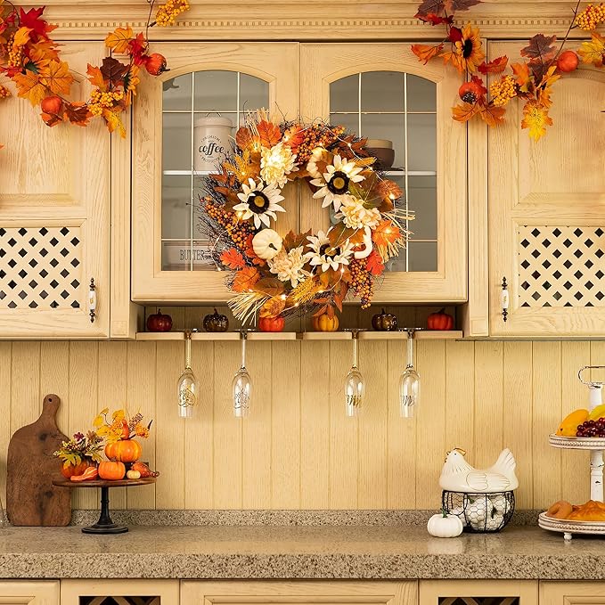 Fall Wreaths for Front Door Decor - Walasis 20 Inch Thanksgiving Wreath with Maple Leaves White Pumpkin Daisy Sunflower Wreath Autumn Harvest Decorations for Table Front Porch