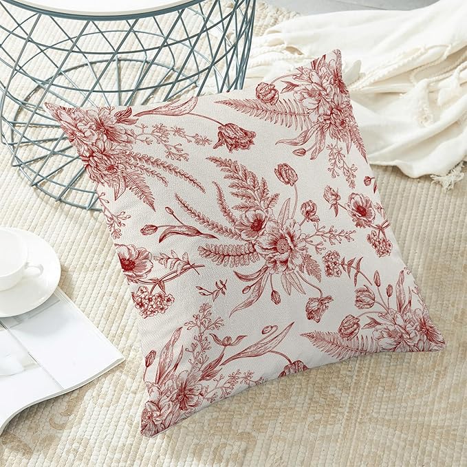 Wine Red Spring Pillow Covers 18 x 18 Inch Set of 2 for Chinoiserie Flowers Decor Throw Pillows Burgundy Floral Leaves Seasonal Plant Outdoor Decorative Cushion Cases for Couch Bed Decorations