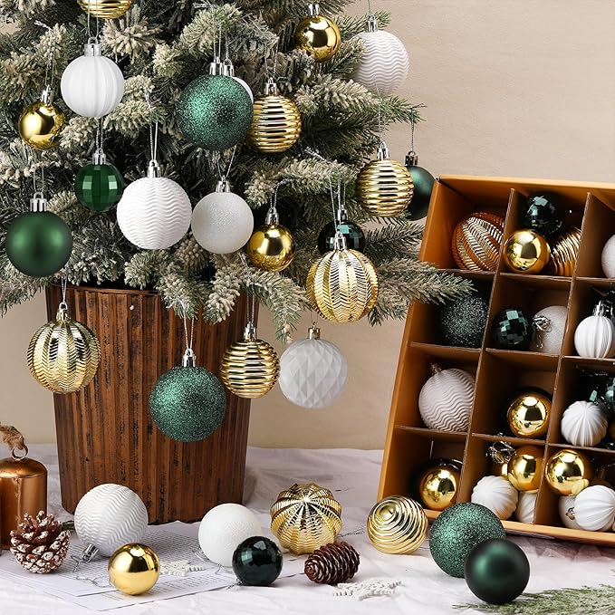 64 Pcs Christmas Ball Ornaments Bulk Green Gold White Christmas Tree Decorations Sets 1.6/1.97/2.4 Inch Shatterproof Glitter Xmas Baubles Assorted Xmas Bulbs Ornaments for Tree Home Decor