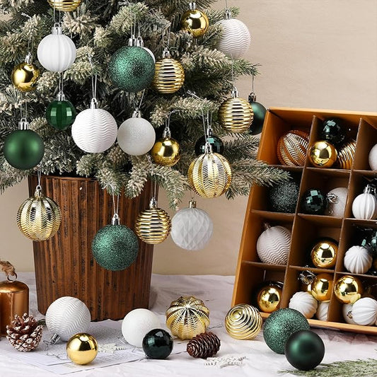 64 Pcs Christmas Ball Ornaments Bulk Green Gold White Christmas Tree Decorations Sets 1.6/1.97/2.4 Inch Shatterproof Glitter Xmas Baubles Assorted Xmas Bulbs Ornaments for Tree Home Decor