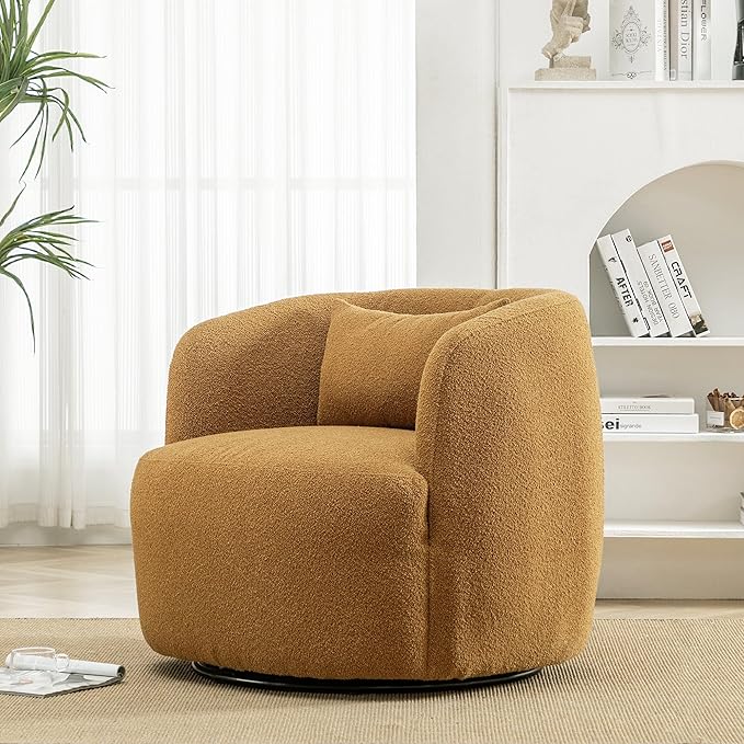 KINWELL 34" Wide Boucle Swivel Barrel Chair, No Assembly Round Upholstered Armchair Accent Chair Single Sofa Chair with Toss Pillow for Living Room and Bedroom, Brown