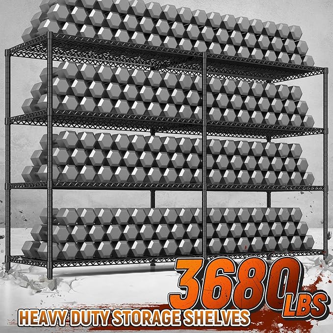 REIBII 81.5''W Storage Shelves 3680LBS Garage Shelving Heavy Duty 4 Tier Metal Shelving Unit Adjustable Wire Shelf and Storage Pantry Shelves for Kitchen Garage, 81.5Wx23.62Dx70.86H，Black, 2PCS