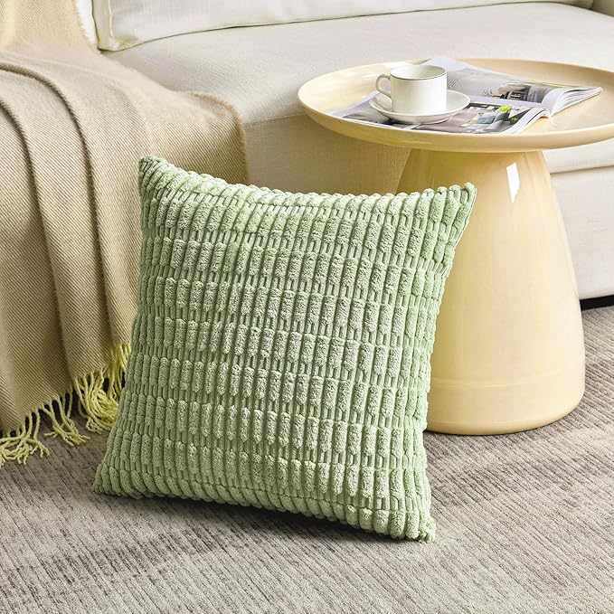 Fancy Homi Set of 4 Spring Boho Decorative Throw Pillow Covers 24x24 Inch for Couch Bed Sofa, Sage Green Yellow Room Decor, Soft Fuzzy Fluffy Cozy Corduroy Textured Cushion Case 60x60cm