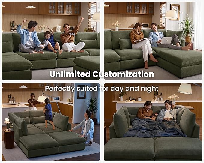 Oversized Modular Sofa, Extra Deep Cloud Corduroy Sectional Couch with Ottoman Chaise, Fluffy Chenille L-Shaped Sofas for Living Room, Villa (Loveseat+Ottoman, Chenille Green)