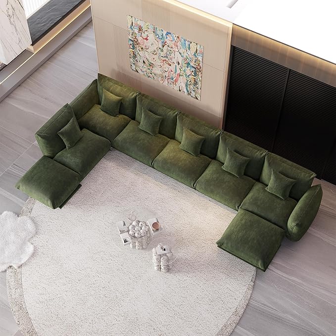 Modern Minimalist Chenille Modular Sectional Sofa, Oversized 8-Seater Sleeper Sofa with Movable Ottoman, Thick Cushions, Upholstered Couch for Living Room, Bedroom, Office, Apartment(Green,8-Seater)