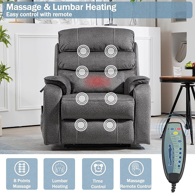 Power Lift Recliner Chair for Adults Elderly Lay Flat Velvet Recliners with Massage Heating, Extended Footrest, Wireless Charging Device, USB Ports, Cup Holder, Lumbar Pillow