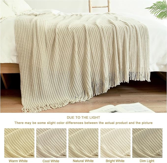 Blagic Knitted Throw Blanket for Couch,Soft Farmhouse Boho Fall Throw Blanket with Tassels,Home Decorative Lightweight, Beige Throws for Bed/Chair/Sofa, 50" W x 60" L