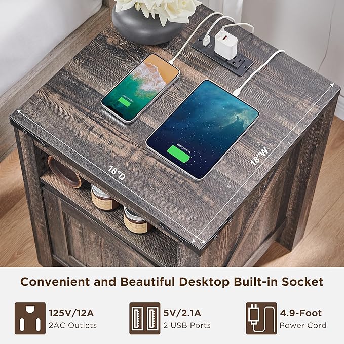 OKD Farmhouse Nightstand with Charging Station, 18" Rustic End Table with Adjustable Storage Shelf, Wood Rustic Wood Sofa Side Table for Bedroom