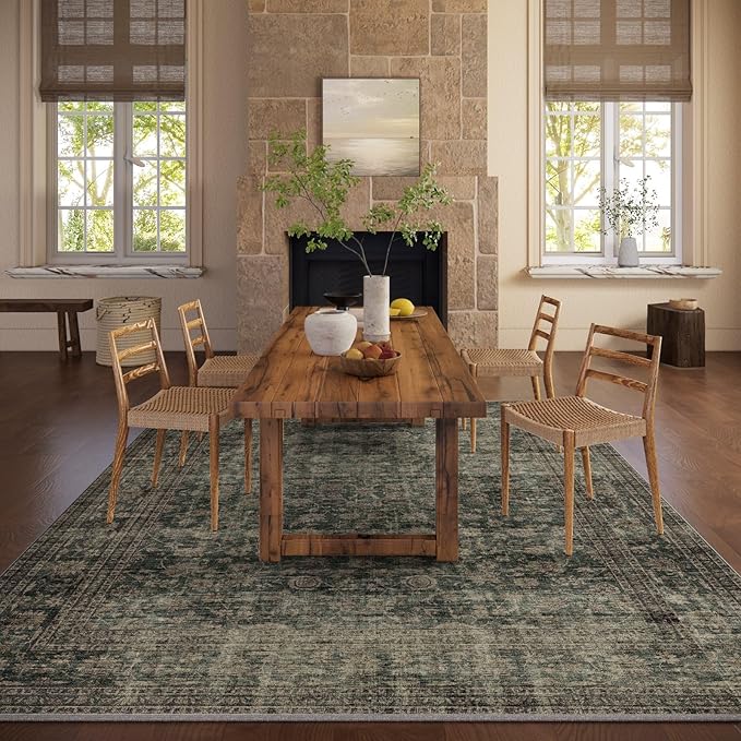 10x12 Area Rugs for Living Room: Large Washable Rugs Stain Resistant Non Slip Distressed Vintage Floral Rug Low Pile Faux Wool Soft Green Rugs for Bedroom Farmhouse Dining Room Kids Playroom Nursery