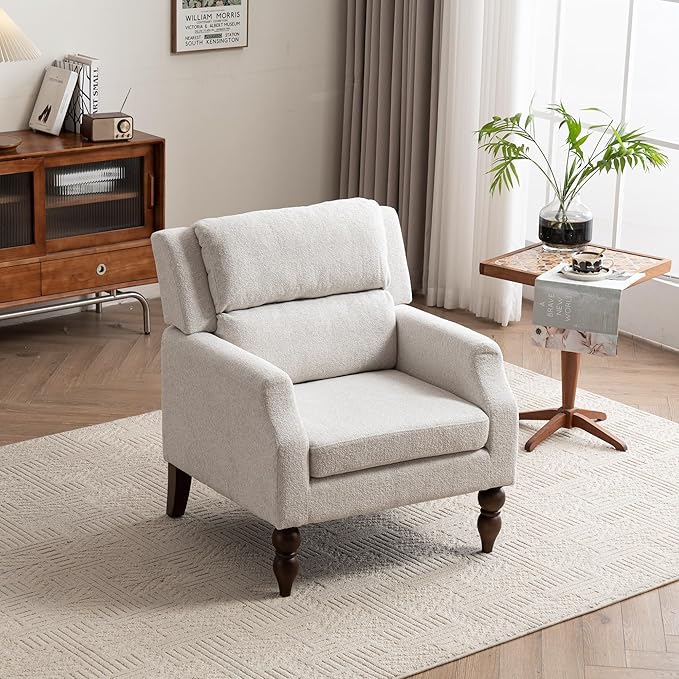 Kidol & Shellder Beige Oversized Accent Chair for Living Room Set of 2 Modern Reading Chair with Back Wide Upholstered Comfy Single Sofa Chair for Bedroom Lounge Side Corner Boucle Fabric Armchair