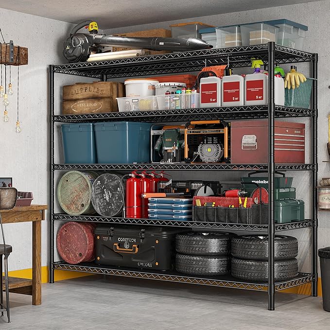 REIBII 85.7" H Storage Shelves 2998LBS Metal Shelving Unit with Wheels & Feet, 5 Tier Garage Shelving Heavy Duty Adjustable Wire Shelf for Pantry Kitchen Garage, 85.7" H X 55.5" W X 24.2" D, 2PCS