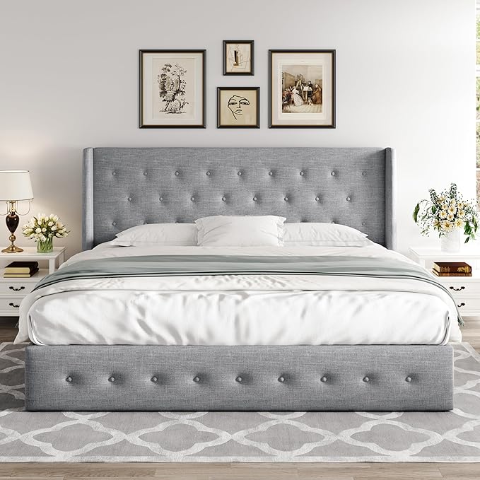 Allewie King Size Lift Up Storage Bed, Button Tufted Headboard with Wingback, Hydraulic Support, No Box Spring Needed, Light Grey