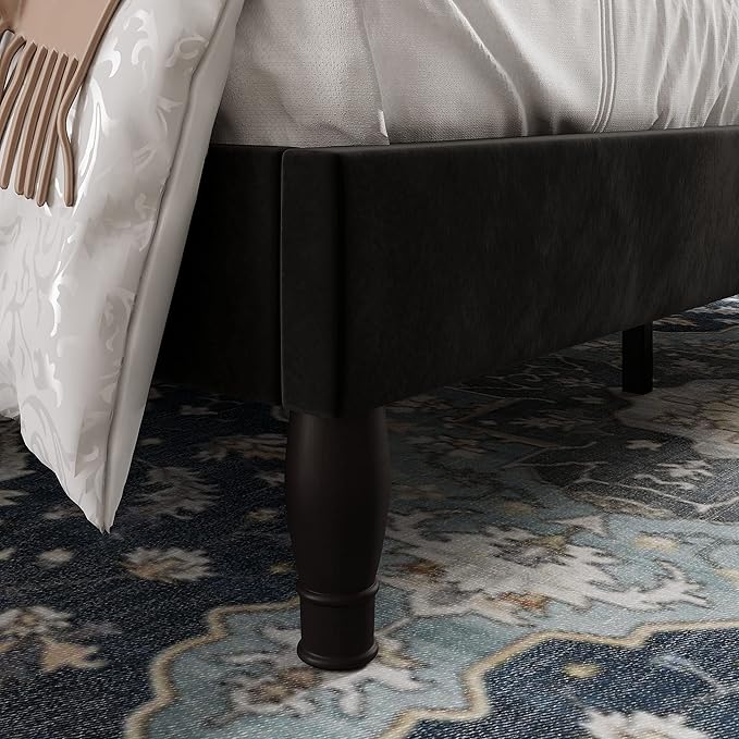 Allewie Queen Velvet Bed Frame with Adjustable Headboard, Wooden Slats, No Box Spring Needed, Easy Assembly, Black