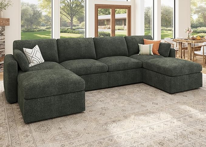 HONBAY Sectional Couch with Storage Seats, Modular Sectional Sofa with Storage Ottoman, U Shaped Sectional Couches for Living Room,Green