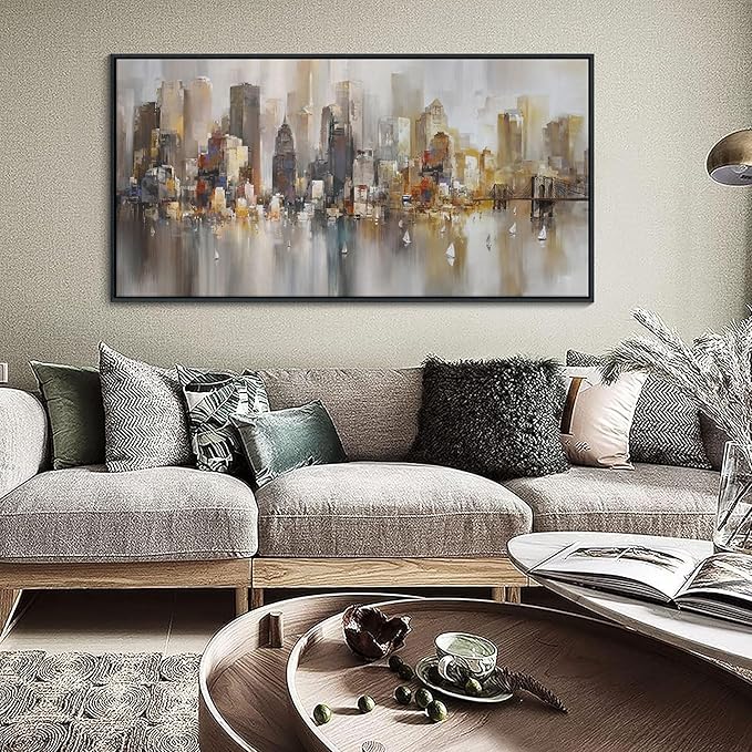 New York City Wall Art -Framed Modern Abstract Wall Art for Living Room, Office & Bedroom Cityscape & Paintings for Bedroom brooklyn bridge Pictures Wall Decor Chicago Artwork for Walls 24×48IN
