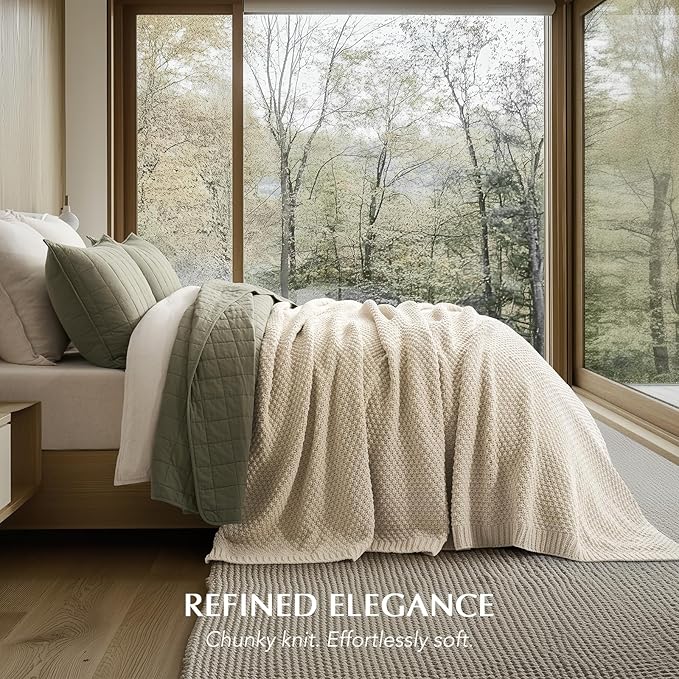 EVERGRACEHOME Chunky Chenille Knit Throw Blanket for Couch, Soft Luxurious Oversized Queen Moss Stitch Blanket for Bed, Large Cozy Farmhouse Knitted Throw for Sofa, Beige, 90" x 90"