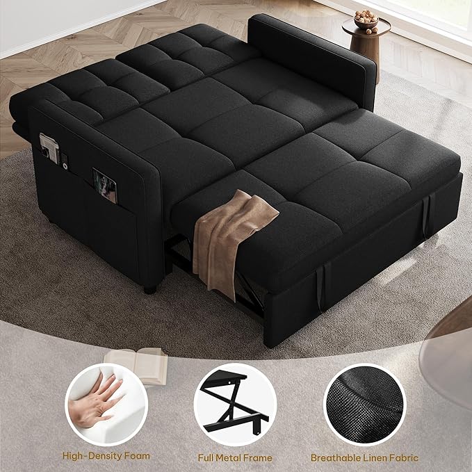 YITAHOME 55" Convertible Sofa Bed, 3-in-1 Sleeper Sofa with Iron Frame Pull-Out Bed, Linen Futon Couch with Reclining Backrest and Side Pocket, Modern Loveseat for Living Room Bedroom Apartment, Black