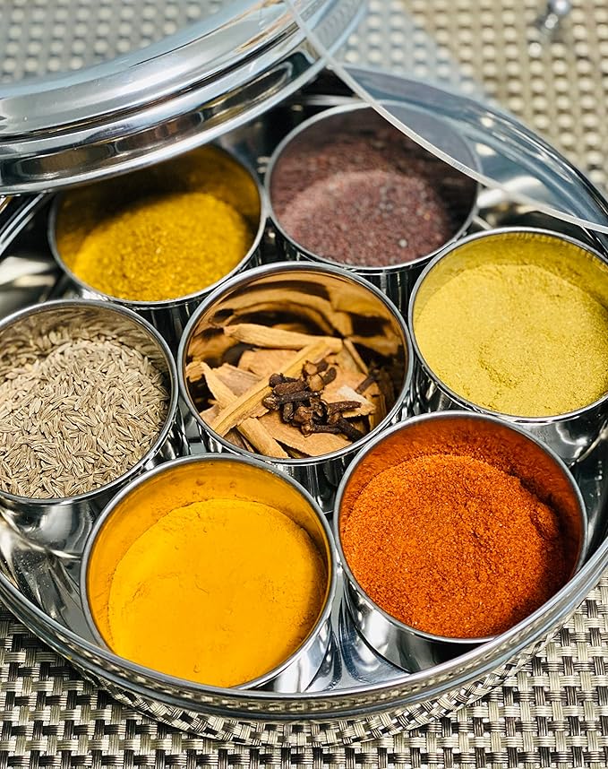 spice dabba Stainless Steel Indian Spice Box, Steel Masala Dabba, Double Lid Spice Container | Gift for Chefs | Size 8x8x2 In (Spice Box Only)