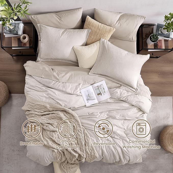 Monbix Full Size Comforter Set, Oatmeal Bedding Comforter for Full Size Bed Set Reversible, Bedding Sets Full 7 Pieces, Cationic Dyeing Bed in a Bag with Comforter, Sheets, Pillowcases & Shams