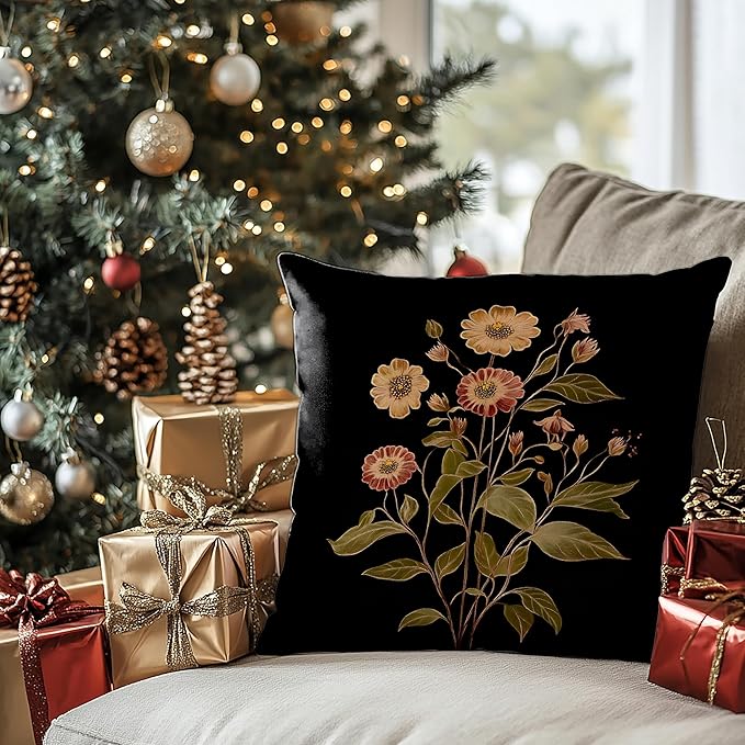 Vintage Botanical Floral Pillow Covers 18x18, Retro Dark Cottagecore Rustic Wildflower Decorative Throw Pillow Covers for Bedroom Living Room Home, Floral Room Decor
