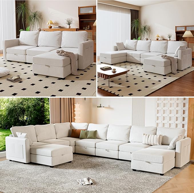 mestyl Modular Sectional Sofa Convertible L Shaped Sofa Couch Set with Storage for Living Room, Modern 4 Seater Modular Sectional Couch with Movable Ottoman (Beige)