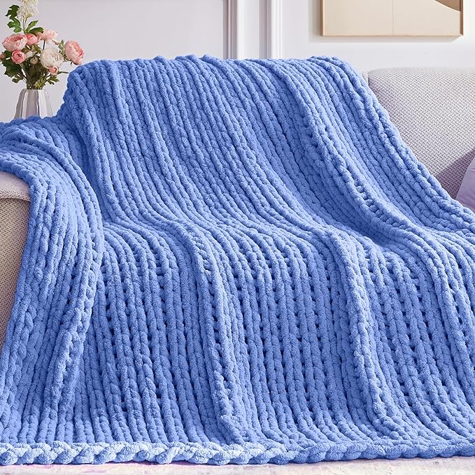 Chunky Knit Throw Blanket, 50''*60'' Knitted Throw Chenille Yarn for Bed Couch, Handmade Light Blue Crochet Big Thick Blanket, Machine Washable Cute Comfy Blanket for Home Decor