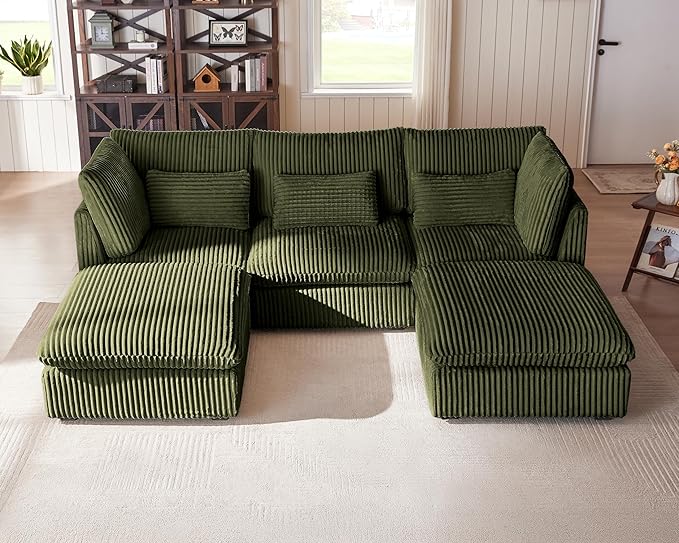 Oversized Modular Sofa, Extra Deep Cloud Corduroy Sectional Couch with Ottoman Chaise, Fluffy Corduroy 5 Seater Sofa Bed for Living Room, Villa (U Shape 5 Seater, Corduroy Green)