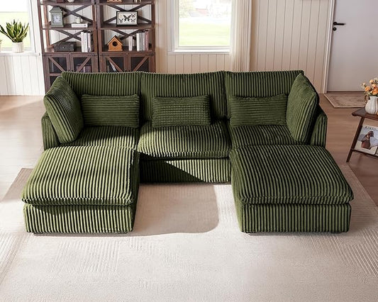 Oversized Modular Sofa, Extra Deep Cloud Corduroy Sectional Couch with Ottoman Chaise, Fluffy Corduroy 5 Seater Sofa Bed for Living Room, Villa (U Shape 5 Seater, Corduroy Green)