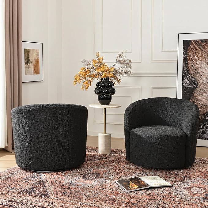 KINWELL 34" W Swivel Barrel Chair Set of 2, Mid Century Modern Round Upholstered Boucle Swivel Accent Chairs, No Assembly Sofa Chair for Living Room Bedroom Reading, Black