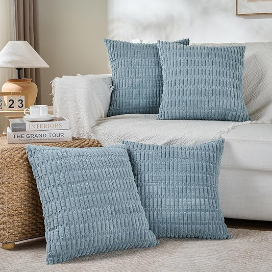 Fancy Homi 4 Packs Boho Light Blue Decorative Throw Pillow Covers 26x26 Inch for Couch Bed Sofa, Rustic Modern Farmhouse Home Decor, Soft Plush Corduroy Cute Square Cushion Case 66x66 cm