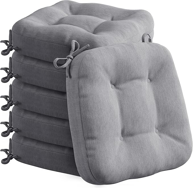 Codi 6 Pack Dining Chair Cushions, Thick Chairs Pads for Indoor Kitchen Room - Washable, Non-Slip Seat Cushion with Ties, 16.5"x16.5"x 3.5", Set of 6, Grey