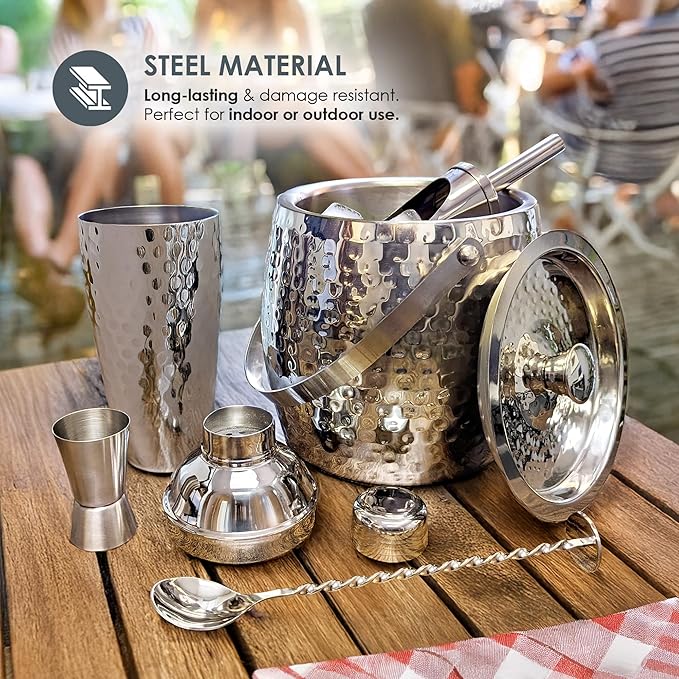 BREKX Insulated Ice Bucket for Cocktail Bar with Drink Shaker 5-Piece Cocktail Set for Parties with Lid and Scoop - Bartender Accessories, Bartending Kit for Home Bar or Gifting